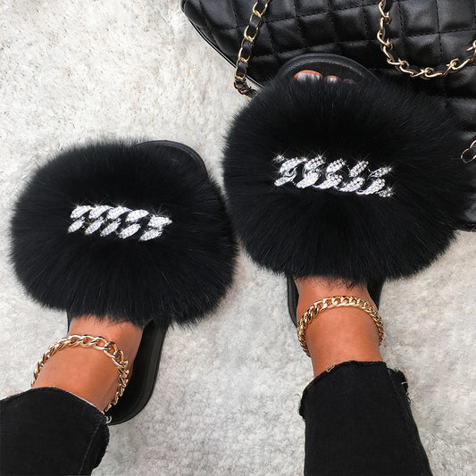 Real Fox Fur Slippers with Diamond Chain Furry Fur Slides Fluffy Flip Flops