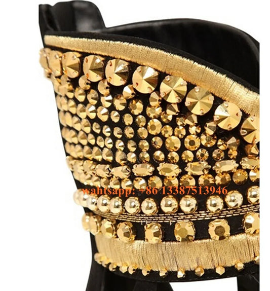 Clip Toe Zipper-up Rivet Gladiator Ankle Wrap Gold Spike Sandals