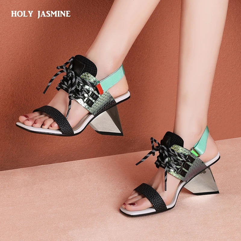 2021 New Genuine Leather Shoes Women Sandals Fashion Strange High Heels Summer Shoes Gladiator Sandals Ladies Shoes Shoes Women