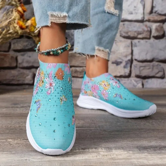 Knitted Flats Butterfly Flower Prints  Crystal Sneakers