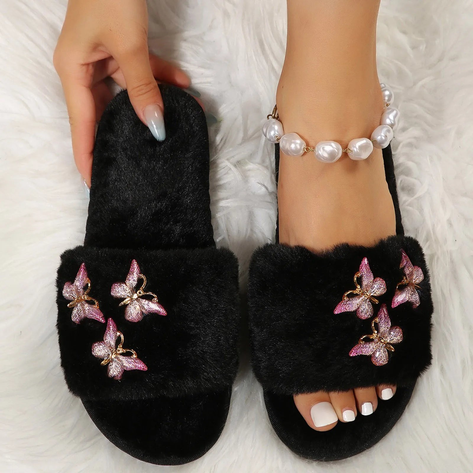 Fluffy luxury Slippers Gold Metal Cute Butterfly Slides