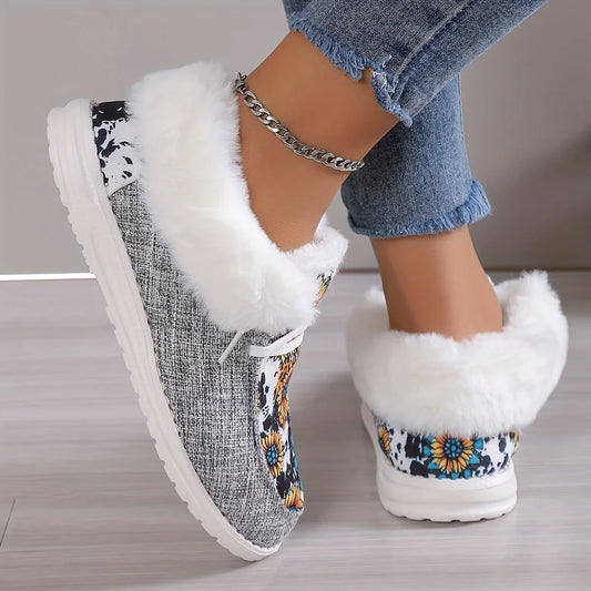 Plush Lined Snow Boots Sunflower Print Cozy Slip On Fuzzy Canvas