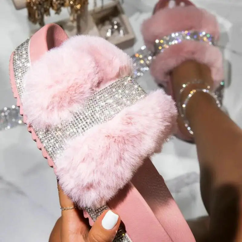 Luxury Fluffy Furry Slides Rhinestone Slipper