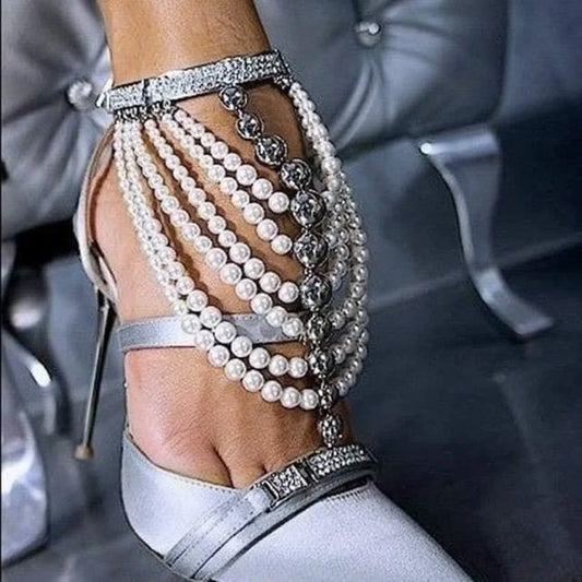 Sliver Pearl Crystal Chain Decor Pumps Stiletto High Heel