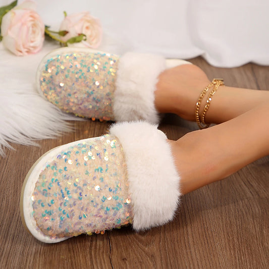 Sequins Home Fur Warm Plush Flat Cotton Soft Sole Fluffy Slippers