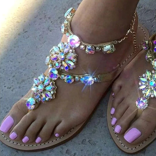 Rhinestones Chains Thong Gladiator Flat Sandals Crystal