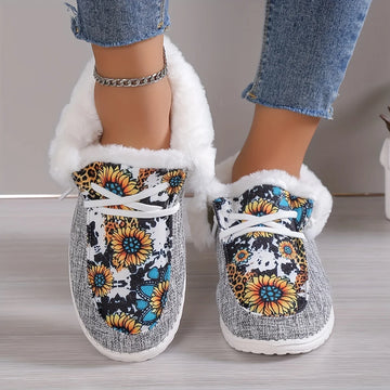 Plush Lined Snow Boots Sunflower Print Cozy Slip On Fuzzy Canvas