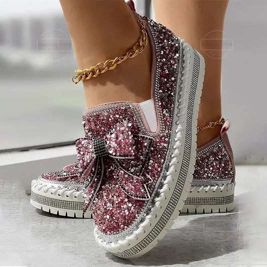 Loafers Bowknot Design Platform Sequin Loafers Flats