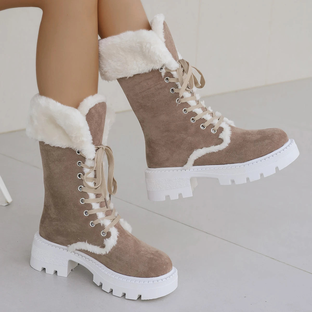 Platform Suede Mid Calf Snow Boots Fur Lace Up Mid Heels