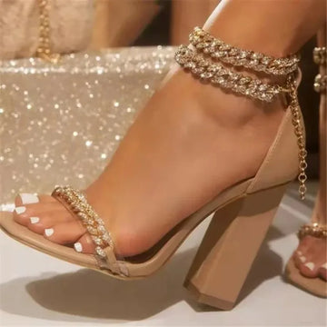 Crystal Chain High square Heels Open Toe Buckle Strap Sandals