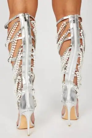 Sliver Leather Crystal Rhinestone White Pearl Gladiator Sandal