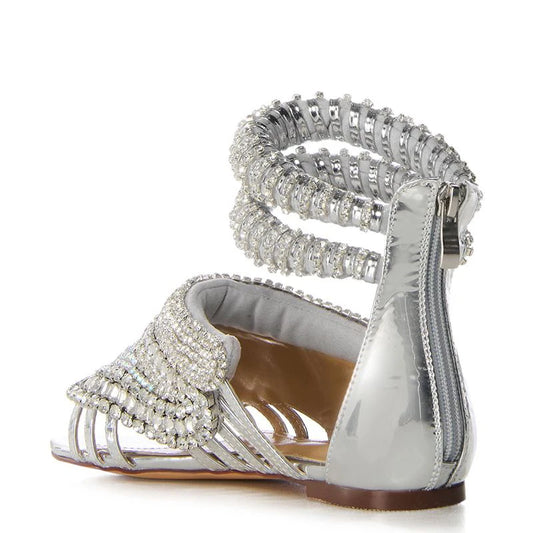 Luxurious Silver Diamonds Flat Sandals