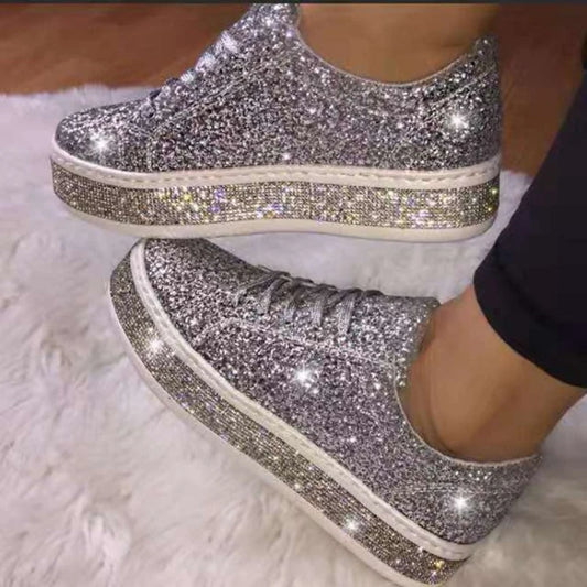 Sequins Sneakers Korean Style Lace Up  Thick Bottom Anti-slip Casual