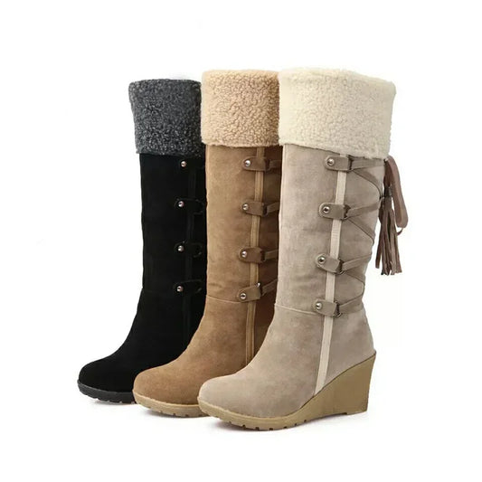 Warm Cotton Cold Winter Knee High Wedge Heels Boot