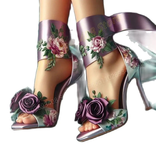 Satin Rose Flowers Elegant Sandals Open Toe Stiletto