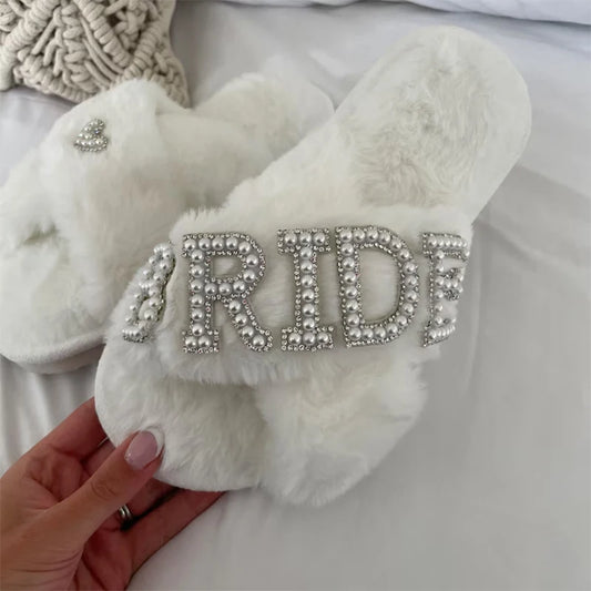 Bride to be white Fluffy Slippers Bridal Shower Wedding Honeymoon spa Sleepover Bachelorette hen do Party decoration Mrs Gift