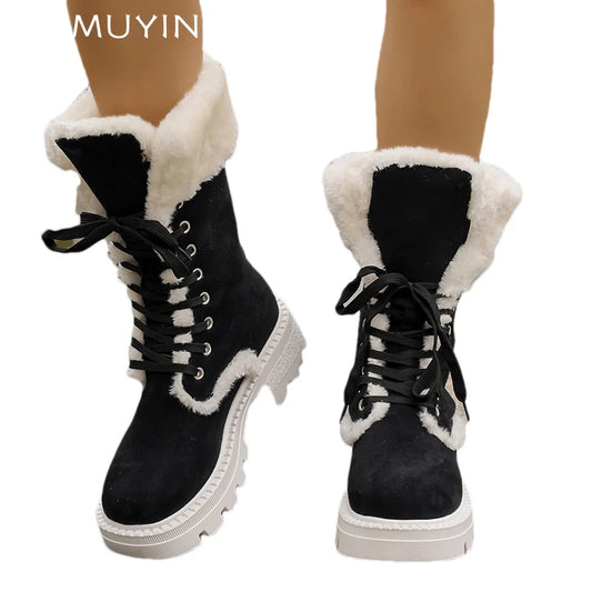 Platform Suede Mid Calf Snow Boots Fur Lace Up Mid Heels