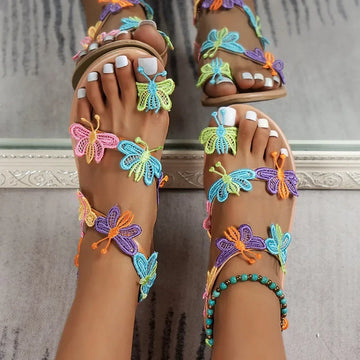 2024 Summer Women Sandals Sweet Boho Bow Decoration Sandals Leather Flat Sandals Plus Size Women Beach Holiday Shoes Zapatos