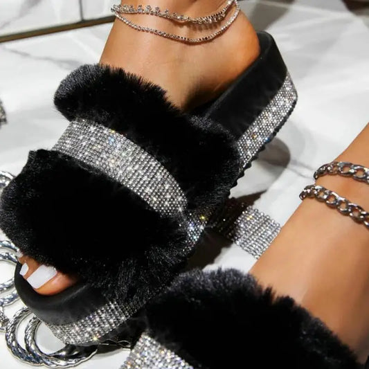 Luxury Fluffy Furry Slides Rhinestone Slipper