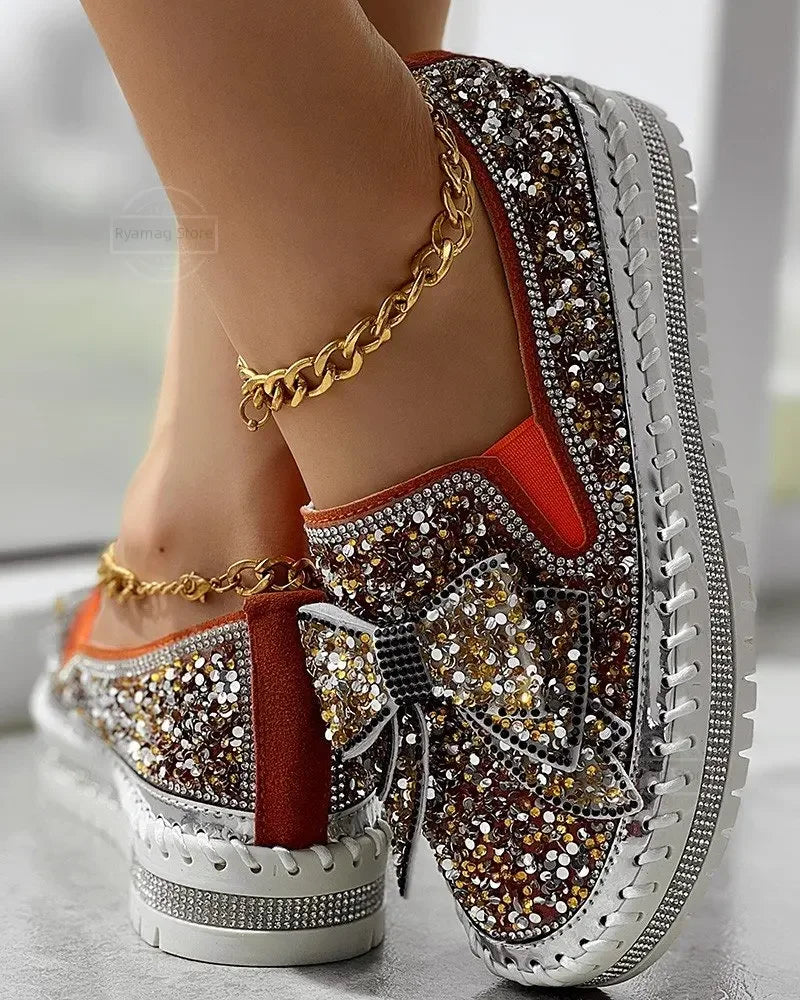 Loafers Bowknot Design Platform Sequin Loafers Flats