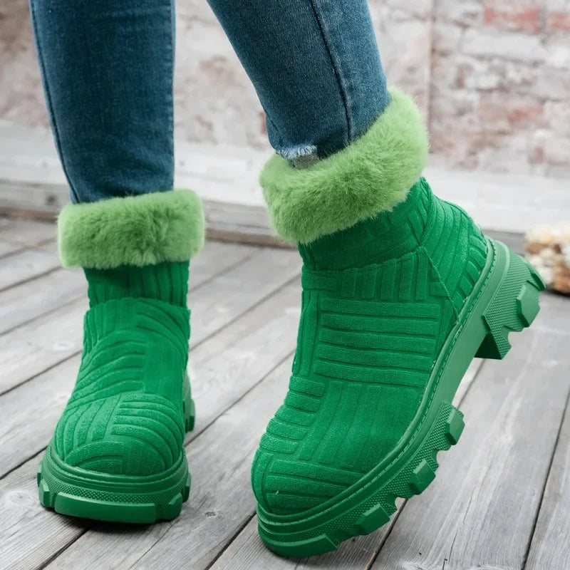 Ankle Boots for Women 2024 Winter Fashion Warm Women's Boots Zipper Design Platform Boots New Outdoor Leisure Green Modern Boot