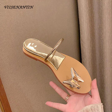 2024 Summer New Gemstone Bowtie Decor Clip Toe Roune Toe Slippers Women Sliver Wedge Heel Concise Slip on Fashion Outside Slides