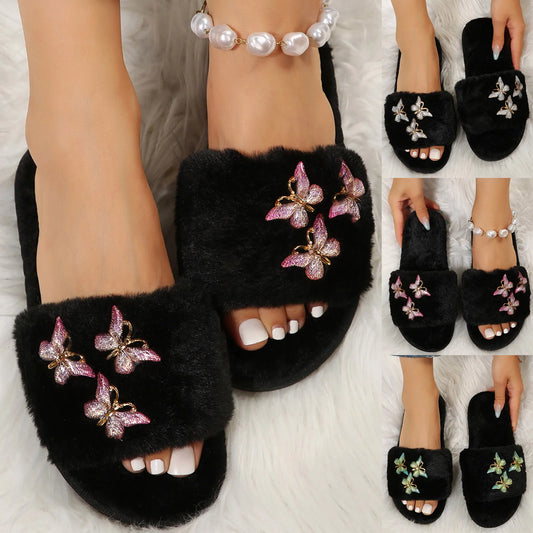 Fluffy luxury Slippers Gold Metal Cute Butterfly Slides