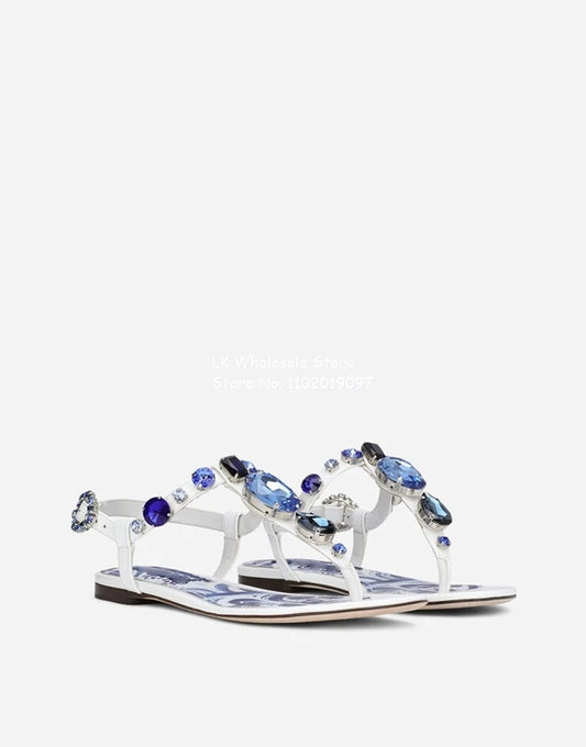 Leather Thong Sandals with Embroidery Printed Jewel