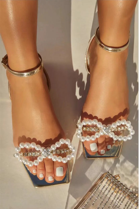 Bow Pearl Flat Heels Elegant Rhinestone Sandals