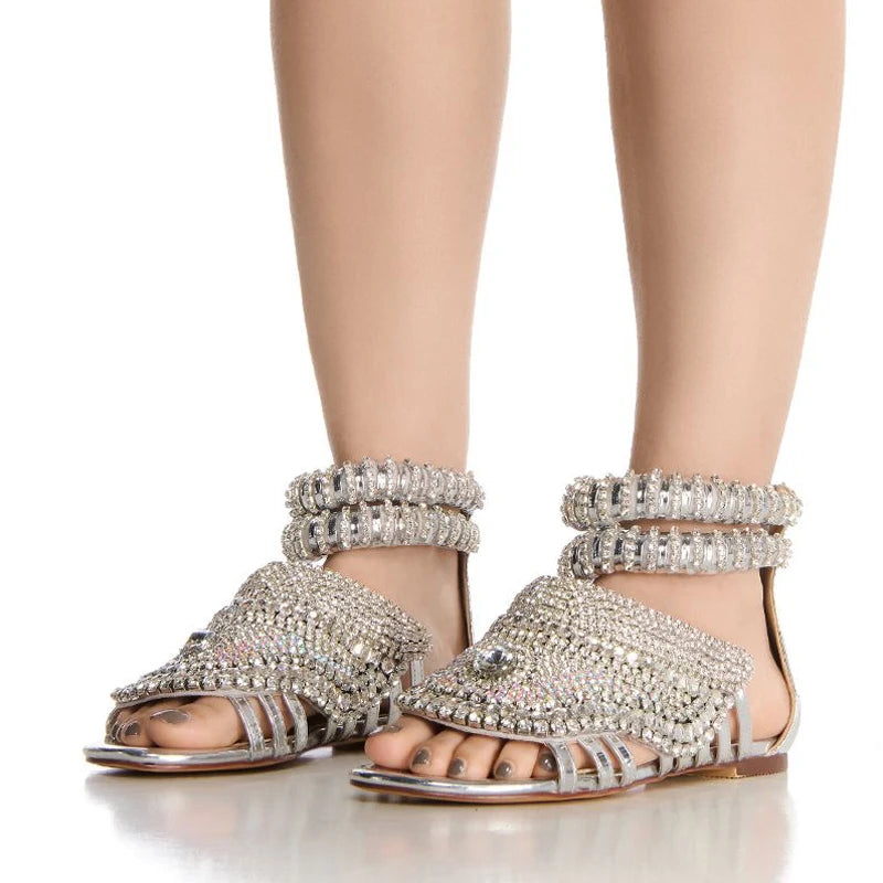 Luxurious Silver Diamonds Flat Sandals