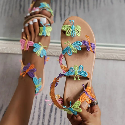 2024 Summer Women Sandals Sweet Boho Bow Decoration Sandals Leather Flat Sandals Plus Size Women Beach Holiday Shoes Zapatos