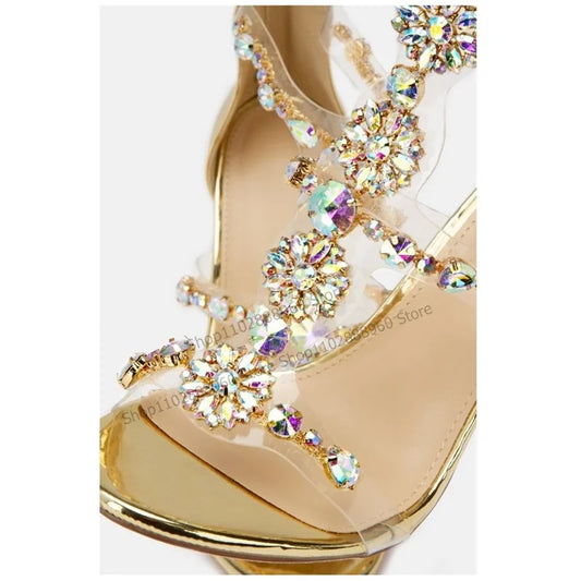 T-Strap Golden Crystal Decor Sandals