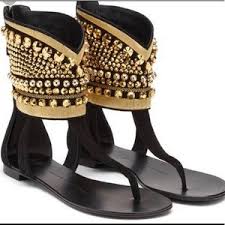 Clip Toe Zipper-up Rivet Gladiator Ankle Wrap Gold Spike Sandals